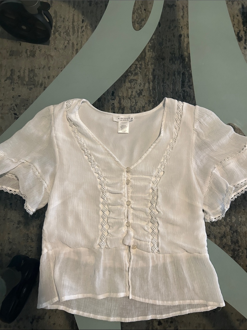 Signature Cream Ruffled Lace-Trim Button Front Blouse